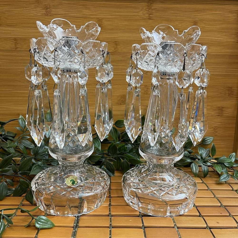 Waterford Crystal Signed Jim O'Leary 1999 Prestige 9" Hanging Prism Candlesticks